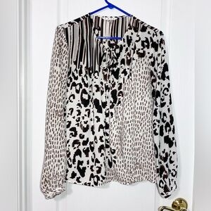 CAbi Animal Print Surplice Faux Wrap Tie Neck Semi Sheer Blouse White Black M